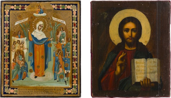 Auktion 147<br>ZWEI KLEINE IKONEN: CHRISTUS PANTOKRATOR UND GOTTESMUTTER 'FREUDE ALLER LEIDENDEN' MIT DEN MÜNZEN
