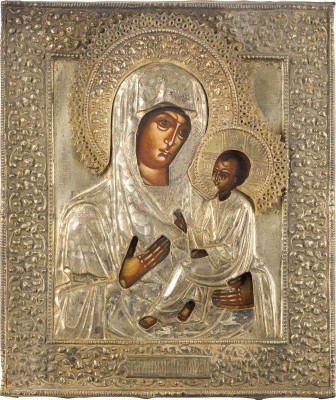 Auction 147<br>IKONE MIT DER GOTTESMUTTER VON TICHWIN (TICHWINSKAJA) MIT OKLAD