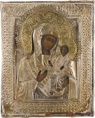 Auction 147<br>KLEINE IKONE MIT DER GOTTESMUTTER 'IWERSKAJA' MIT OKLAD