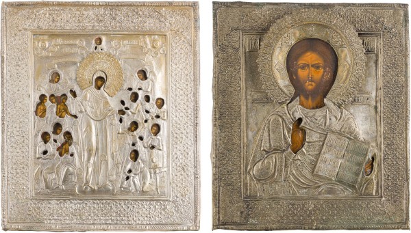 Auktion 147<br>ZWEI IKONEN MIT OKLAD: CHRISTUS PANTOKRATOR UND GOTTESMUTTER 'FREUDE ALLER LEIDENDEN' MIT DEN MÜNZEN