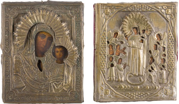 Auction 147<br>ZWEI KLEINE IKONEN MIT OKLAD: GOTTESMUTTER VON KASAN UND 'FREUDE ALLER LEIDENDEN'