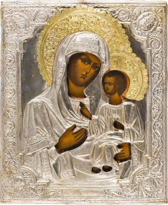 Auktion 147<br>KLEINE IKONE MIT DER GOTTESMUTTER 'IWERSKAJA' MIT OKLAD