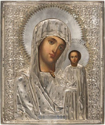 Auction 147<br>IKONE MIT DER GOTTESMUTTER VON KASAN (KASANSKAJA) MIT SILBER-OKLAD
