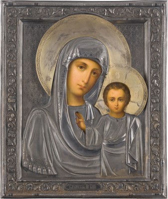 Picture FEINE IKONE MIT DER GOTTESMUTTER VON KASAN (KASANSKAJA) MIT SILBER-OKLAD