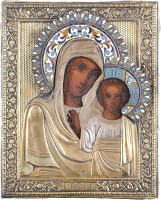 Picture KLEINE IKONE MIT DER GOTTESMUTTER VON KASAN (KASANSKAJA) MIT CLOISONNÉ-EMAIL-OKLAD
