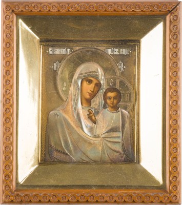 Bild KLEINE IKONE MIT DER GOTTESMUTTER VON KASAN (KASANSKAJA) MIT VERMEIL-OKLAD IM KIOT
