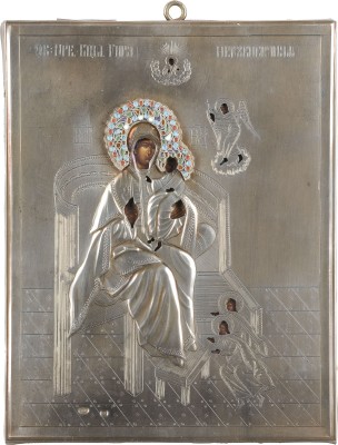 Auktion 147<br>KLEINE IKONE MIT DER THRONENDEN GOTTESMUTTER MIT CLOISONNÉ-EMAIL-OKLAD