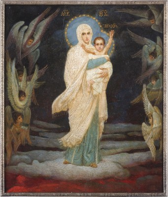Auction 147<br>SEHR FEINE IKONE MIT DER GOTTESMUTTER VASNETSOVSKAJA MIT JUGENDSTIL-SILBER-BASMA
