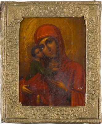Auction 147<br>KLEINE IKONE MIT DER GOTTESMUTTER VON WLADIMIR (WLADIMIRSKAJA) MIT BASMA