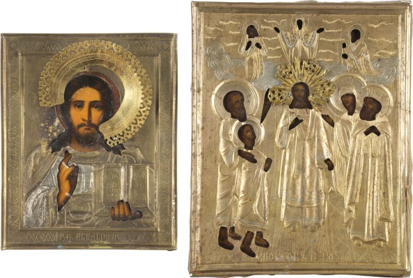Auction 147<br>ZWEI KLEINE IKONEN MIT OKLAD: CHRISTUS PANTOKRATOR UND GOTTESMUTTER POKROW