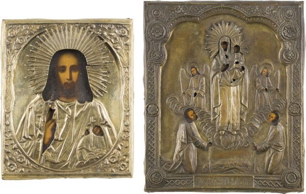 Auktion 147<br>ZWEI IKONEN MIT OKLAD: CHRISTUS PANTOKRATOR UND GOTTESMUTTER 'FREUDE ALLER LEIDENDEN'