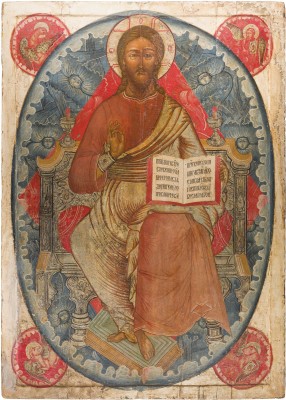Auction 147<br>MONUMENTALE IKONE MIT DEM THRONENDEN CHRISTUS ALS WELTENHERRSCHER AUS EINER KIRCHEN-IKONOSTASE