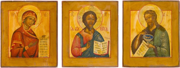 Auktion 147<br>DREITEILIGE DEESIS: CHRISTUS PANTOKRATOR FLANKIERT VON DER GOTTESMUTTER UND JOHANNES DEM VORLÄUFER