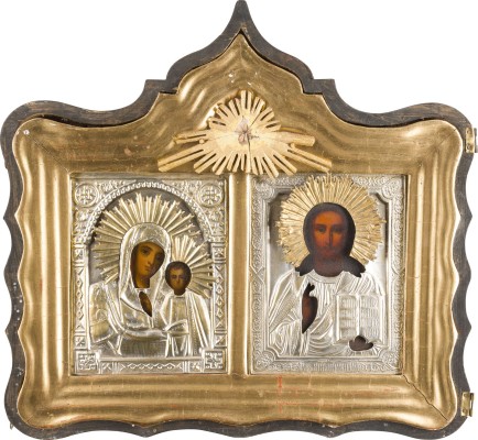 Bild PAAR HOCHZEITSIKONEN MIT OKLAD IM KIOT: GOTTESMUTTER VON KASAN UND CHRISTUS PANTOKRATOR