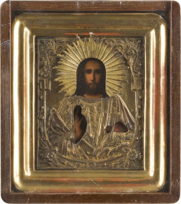 Auction 147<br>KLEINE IKONE MIT CHRISTUS DEM WELTENHERRSCHER MIT OKLAD IM KIOT