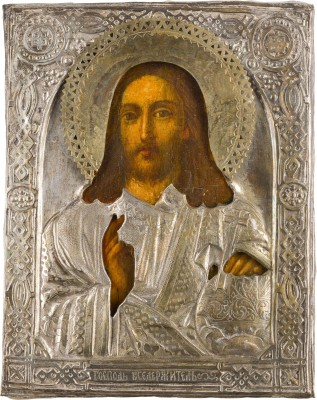 Auktion 147<br>KLEINE IKONE MIT CHRISTUS DEM WELTENHERRSCHER MIT OKLAD