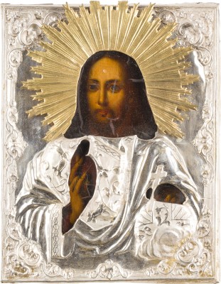 Auction 147<br>KLEINE IKONE MIT CHRISTUS DEM WELTENHERRSCHER MIT OKLAD