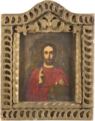 Auktion 147<br>IKONE MIT CHRISTUS PANTOKRATOR MIT KIOTRAHMEN
