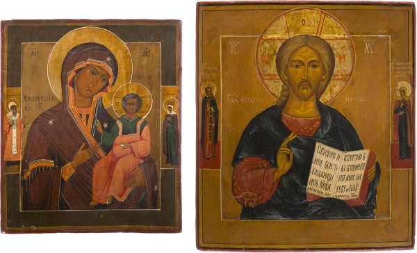 Auction 147<br>ZWEI IKONEN: CHRISTUS PANTOKRATOR UND GOTTESMUTTER VON SMOLENSK (SMOLENSKAJA)