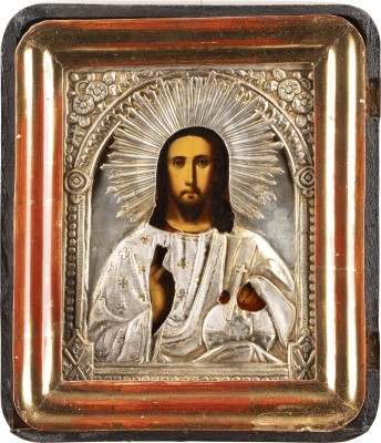 Auction 147<br>IKONE MIT CHRISTUS PANTOKRATOR MIT OKLAD IM KIOT