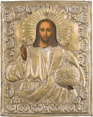 Auktion 147<br>KLEINE IKONE MIT CHRISTUS PANTOKRATOR MIT OKLAD