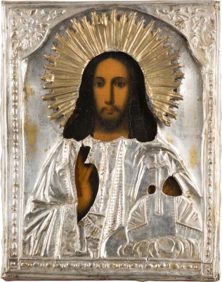 Auktion 147<br>KLEINE IKONE MIT CHRISTUS DEM WELTENHERRSCHER MIT OKLAD
