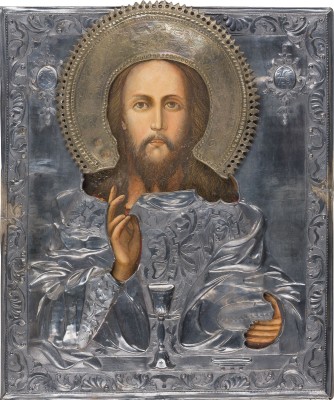 Auction 147<br>IKONE MIT CHRISTUS UND DER EUCHARISTIE MIT SILBER-OKLAD