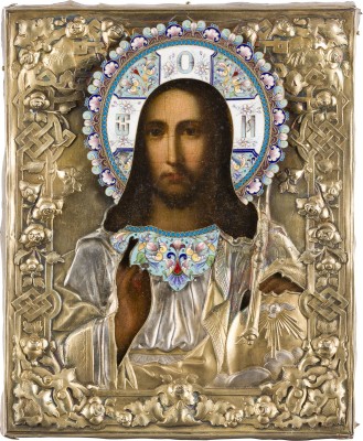 Auktion 147<br>KLEINE IKONE MIT CHRISTUS PANTOKRATOR MIT VERMEIL- UND CLOISONNÉ-EMAIL-OKLAD