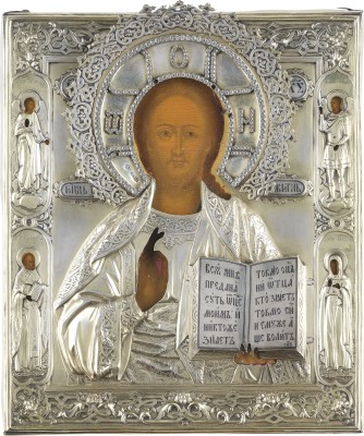 Bild SEHR FEINE IKONE MIT CHRISTUS PANTOKRATOR MIT NIELLO-OKLAD