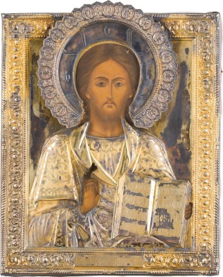 Bild FEINE IKONE MIT CHRISTUS PANTOKRATOR MIT VERMEIL-OKLAD