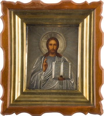 Auktion 147<br>KLEINE IKONE MIT CHRISTUS PANTOKRATOR MIT VERMEIL-OKLAD IM KIOT