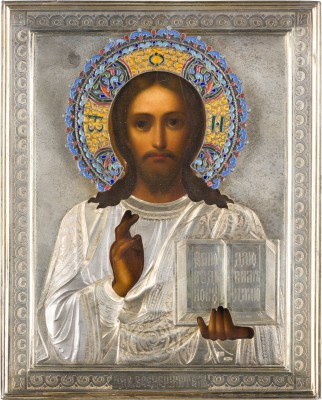 Auktion 147<br>KLEINE IKONE MIT CHRISTUS PANTOKRATOR MIT VERMEIL- UND CLOISONNÉ-EMAIL-OKLAD