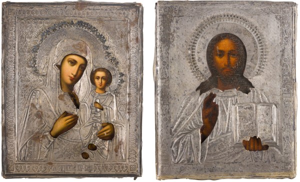 Auktion 147<br>ZWEI KLEINE IKONEN MIT SILBER-OKLAD: CHRISTUS PANTOKRATOR UND GOTTESMUTTER VON SMOLENSK (SMOLENSKAJA)