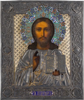 Auktion 147<br>SEHR FEINE IKONE MIT CHRISTUS PANTOKRATOR MIT CLOISONNÉ-EMAIL-OKLAD