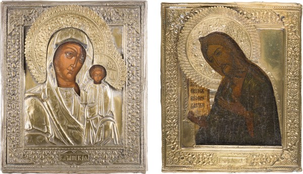 Auktion 147<br>ZWEI IKONEN MIT OKLAD: GOTTESMUTTER VON KASAN (KASANSKAJA) UND JOHANNES DER VORLÄUFER AUS EINER DEESIS