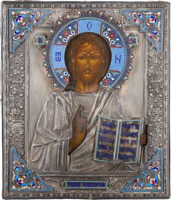 Auktion 147<br>FEINE IKONE MIT CHRISTUS PANTOKRATOR MIT CLOISONNÉ-EMAIL-OKLAD