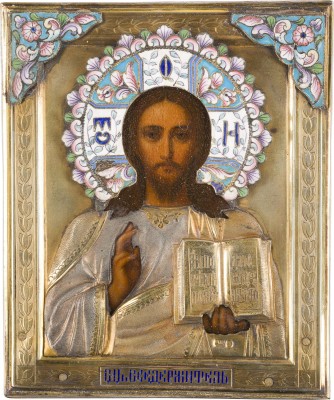 Auktion 147<br>KLEINE IKONE MIT CHRISTUS PANTOKRATOR MIT CLOISONNÉ-EMAIL-OKLAD