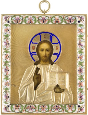 Auktion 147<br>MINIATUR-IKONE MIT CHRISTUS PANTOKRATOR MIT CLOISONNÉ-EMAIL-OKLAD