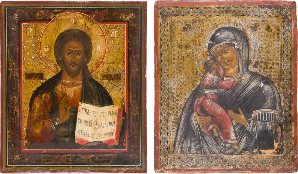Auktion 147<br>ZWEI IKONEN: CHRISTUS PANTOKRATOR UND GOTTESMUTTER VON WLADIMIR (WLADIMIRSKAJA)