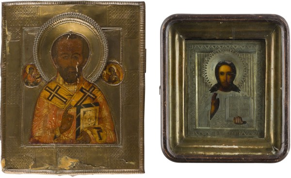 Auction 147<br>ZWEI IKONEN MIT OKLAD: CHRISTUS PANTOKRATOR IM KIOT UND HEILIGER NIKOLAUS VON MYRA