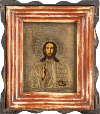 Auktion 147<br>IKONE MIT CHRISTUS PANTOKRATOR MIT OKLAD IM KIOT
