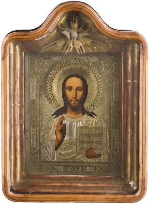 Auktion 147<br>IKONE MIT CHRISTUS PANTOKRATOR MIT OKLAD IM KIOT