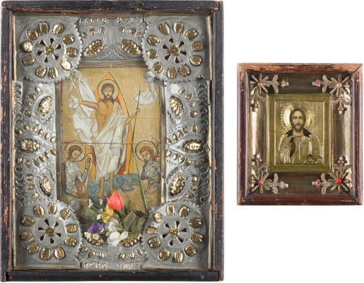 Auktion 147<br>ZWEI IKONEN IM KIOT: CHRISTUS PANTOKRATOR UND AUFERSTEHUNG CHRISTI