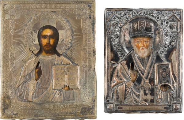 Auktion 147<br>ZWEI KLEINFORMATIGE IKONEN MIT OKLAD: HEILIGER NIKOLAUS VON MYRA UND CHRISTUS PANTOKRATOR