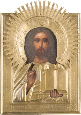 Auktion 147<br>KLEINE IKONE MIT CHRISTUS PANTOKRATOR MIT OKLAD