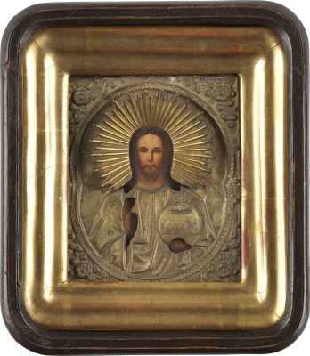 Auktion 147<br>KLEINE IKONE MIT CHRISTUS PANTOKRATOR MIT OKLAD IM KIOT