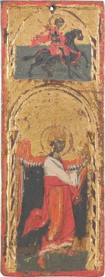 Auction 147<br>FLÜGEL EINES TRIPTYCHONS MIT DER GOTTESMUTTER, DEM ERZENGEL GABRIEL UND HEILIGEN