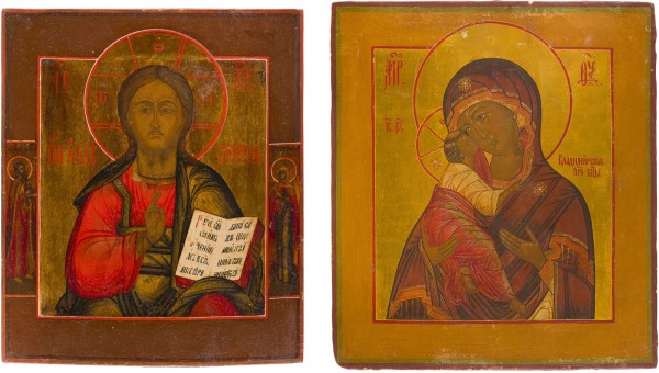 Auction 147<br>ZWEI IKONEN: CHRISTUS PANTOKRATOR UND DIE GOTTESMUTTER VON WLADIMIR (WLADIMIRSKAJA)