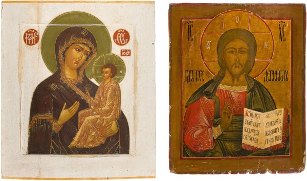 Auction 147<br>ZWEI IKONEN: CHRISTUS PANTOKRATOR UND GOTTESMUTTER VON TICHWIN (TICHWINSKAJA)