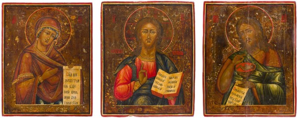Auction 147<br>GROSSFORMATIGE DEESIS-GRUPPE: CHRISTUS PANTOKRATOR FLANKIERT VON DER GOTTESMUTTER UND JOHANNES DEM VORLÄUFER